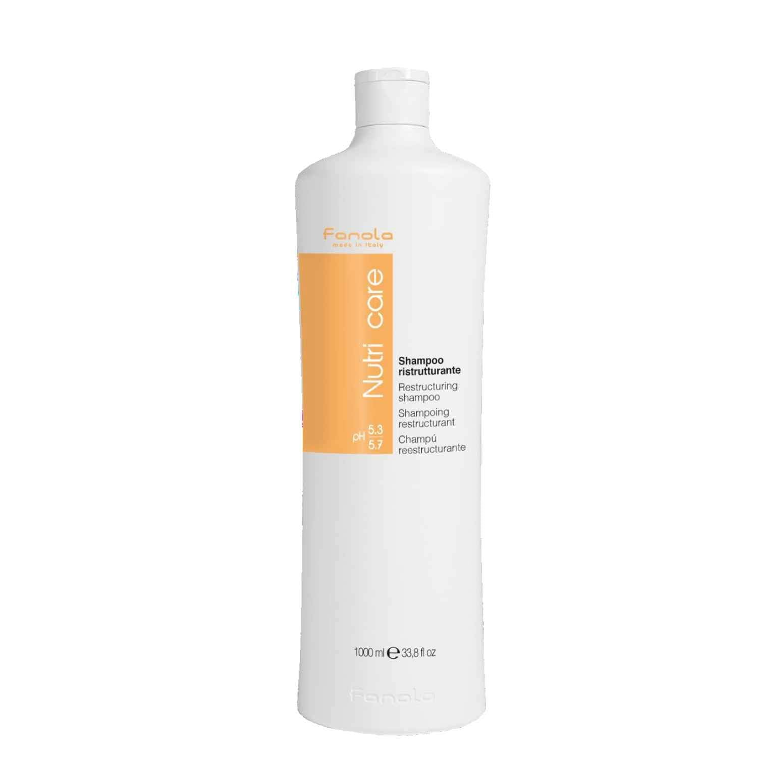 Fanola Nutri Care Restructuring Shampoo bottle for multicolor hair delivers moisture and detangling ease