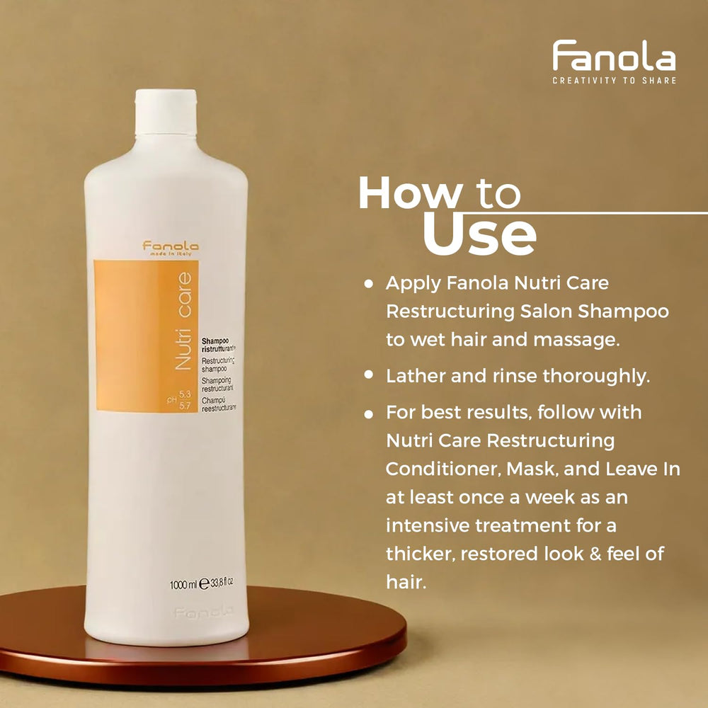 Fanola Nutri Care Shampoo packaging on a bathroom shelf