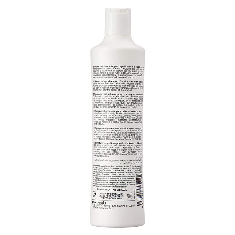 Fanola Restructuring Shampoo frizz-control-shine highlights smoother, more manageable hair.