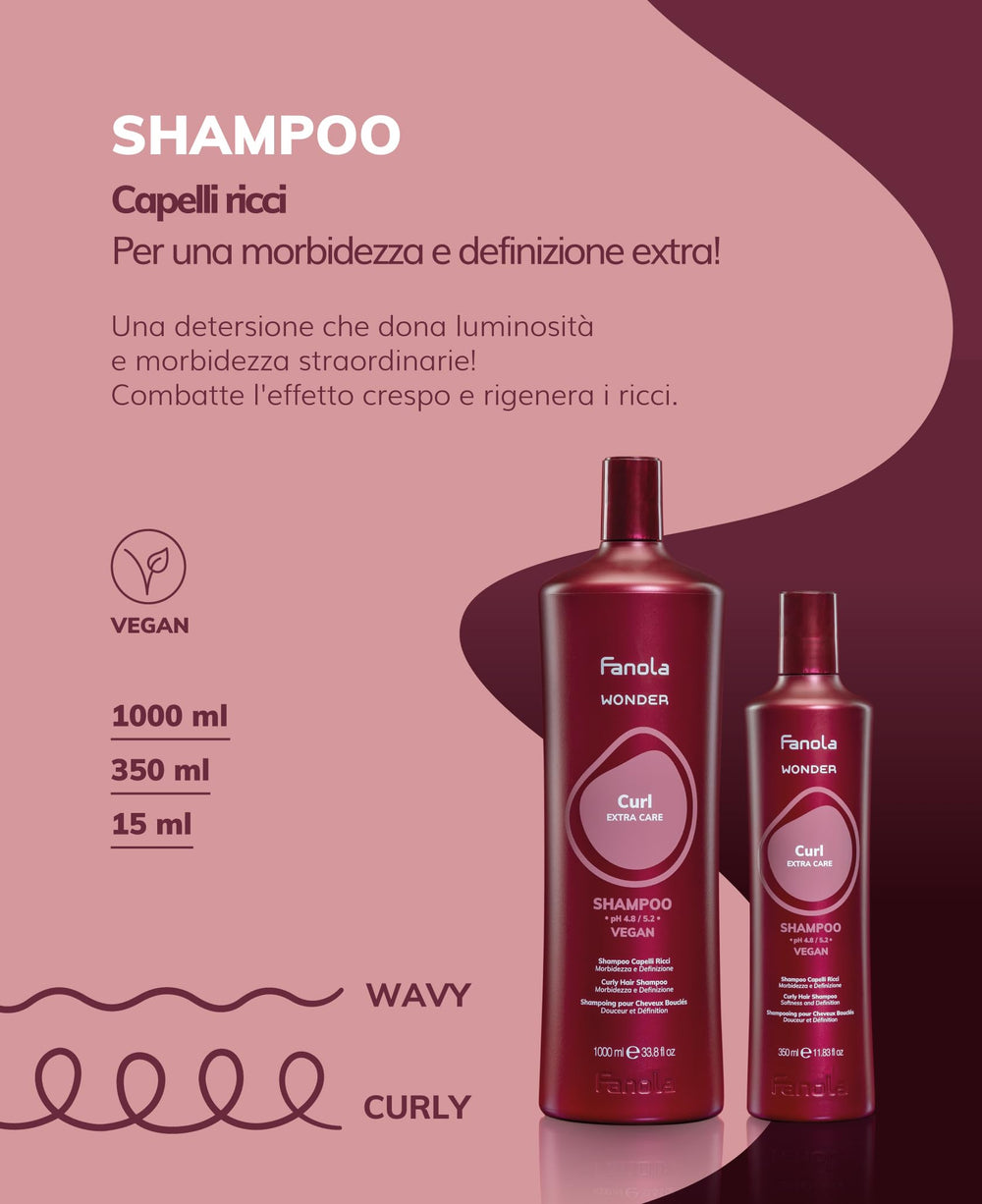 Fanola Wonder Curly Shampoo in-use shot hints daily wave styling.