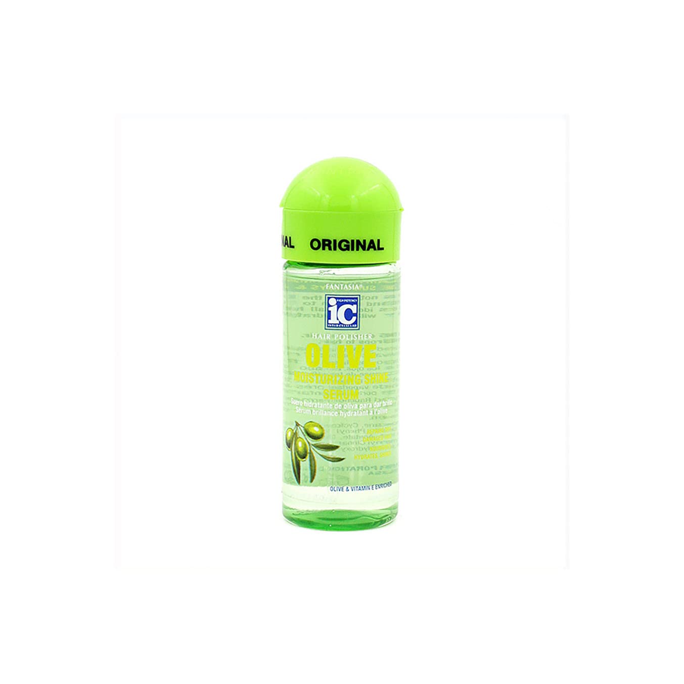 Fantasia Hair Polisher Olive Serum bottle demonstrates smooth, hydrated hair with a lightweight feel.
