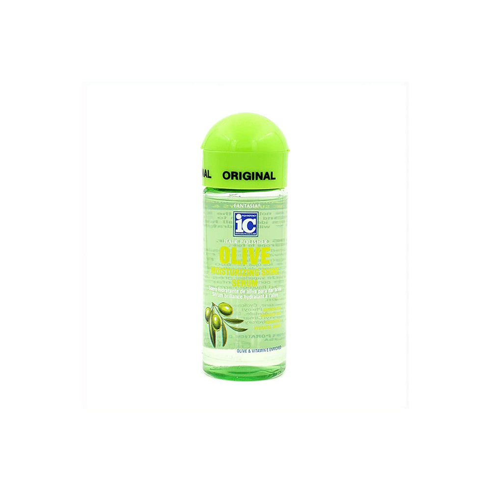 Fantasia Hair Polisher Olive Serum bottle demonstrates smooth, hydrated hair with a lightweight feel.