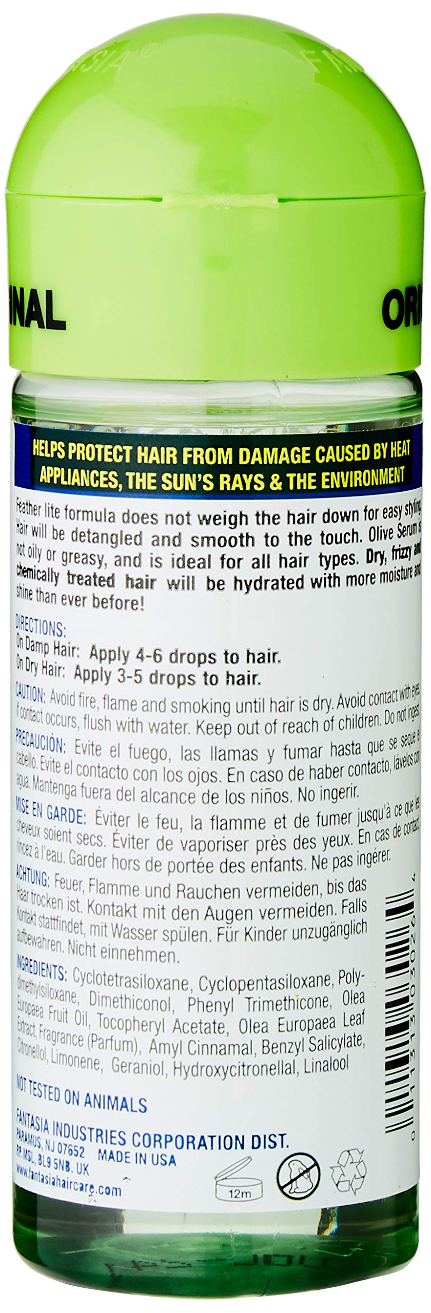Fantasia Hair Polisher Olive Serum after-use shine and smoothness on styled hair.