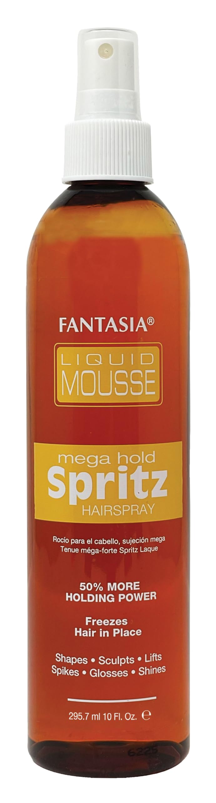 Fantasia Liquid Mousse Spritz Mega Hold bottle delivers strong hold and glossy finish.