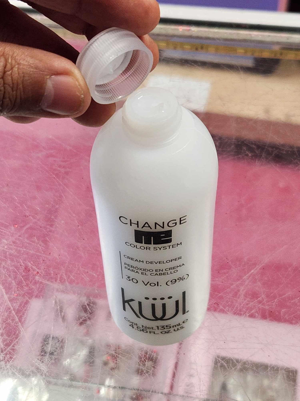 Fantasy Nails Kuul Change Me Peroxide 30 Volume bottle on shelf with clear directions.