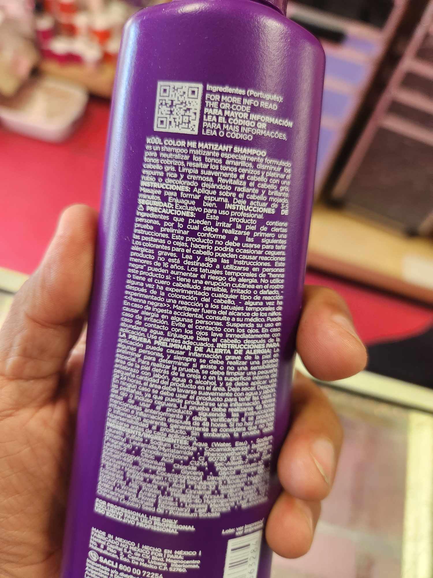 Fantasy Nails Kuul Color Me Matizant Shampoo bottle beside color swatches showing tone-boost