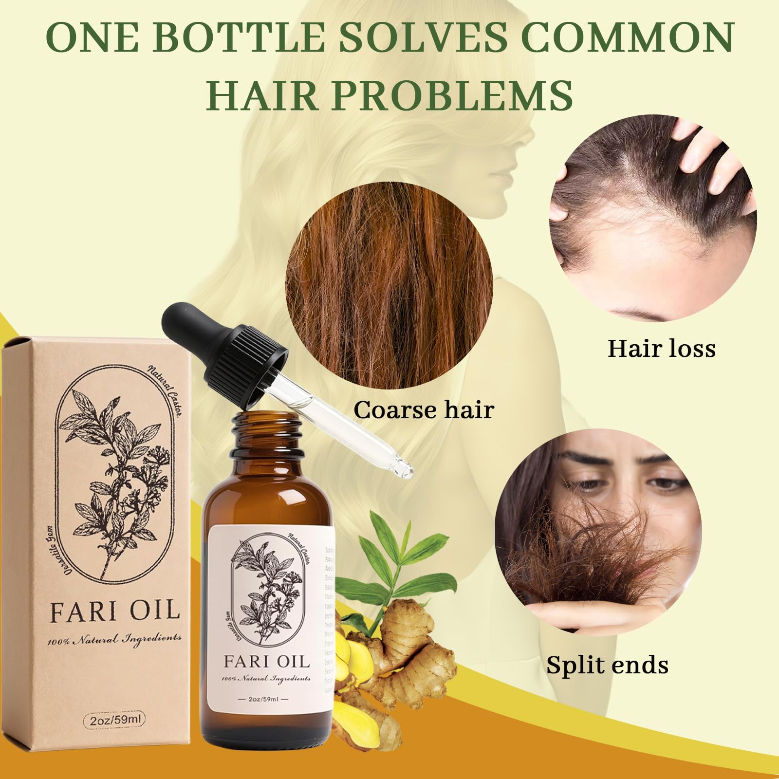 Fari Oil bottle closeup, plant-based ingredients for lightweight, non-greasy hair care