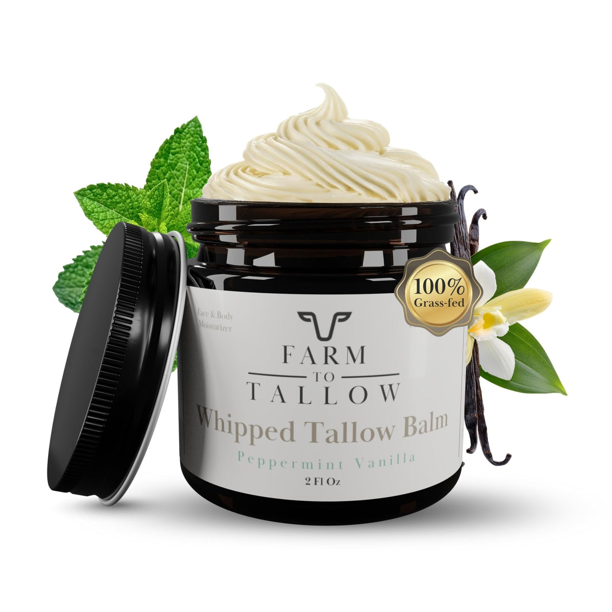 Farm to Tallow moisturizer bottle front with creamy texture and peppermint-vanilla aroma