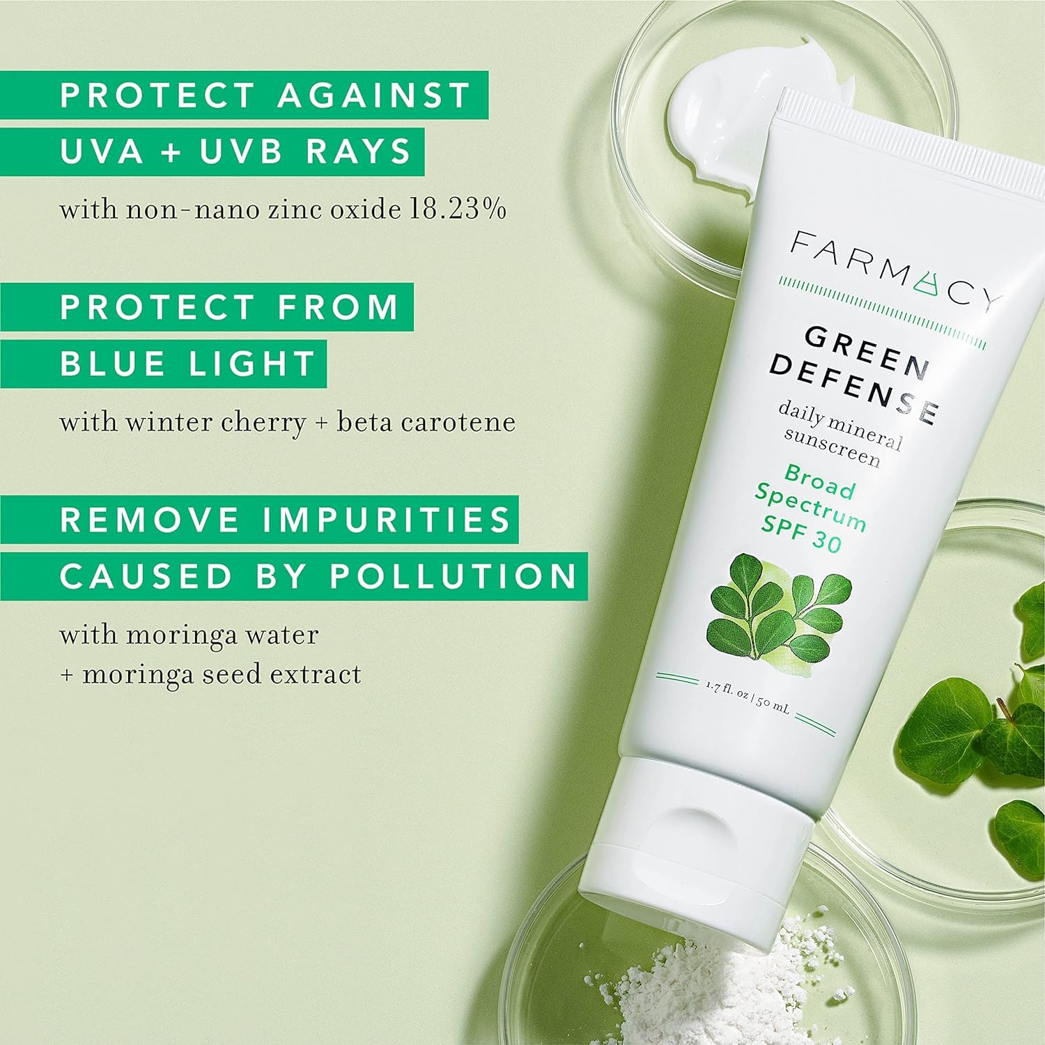Close-up of Farmacy sunscreen label highlighting zinc oxide and clean formula
