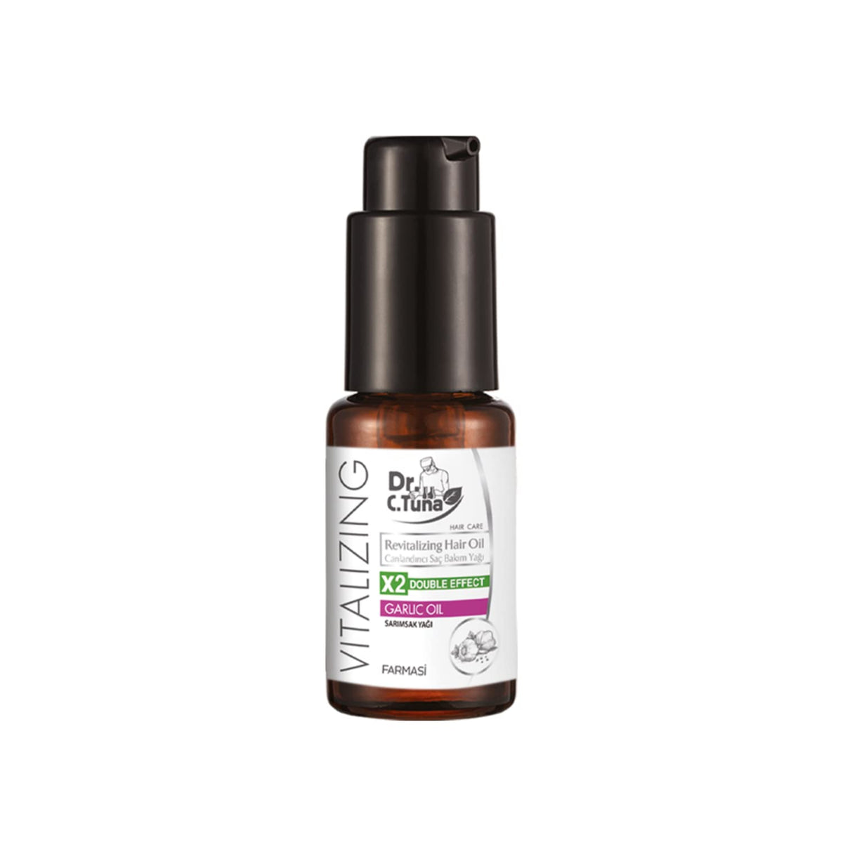 FARMASi Dr. C. Tuna Garlic Oil bottle ready for scalp nourishment.