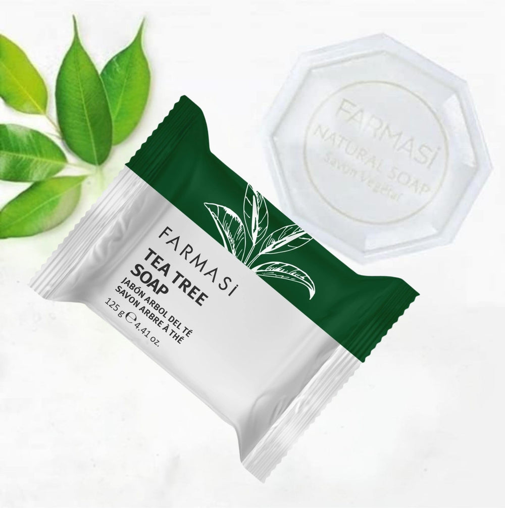 FARMASi Dr. C. Tuna Tea Tree Soap wrapped bar emphasizing natural formula.