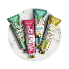 FARMASi hand cream giftset packaging with four 1 oz tubes for travel.