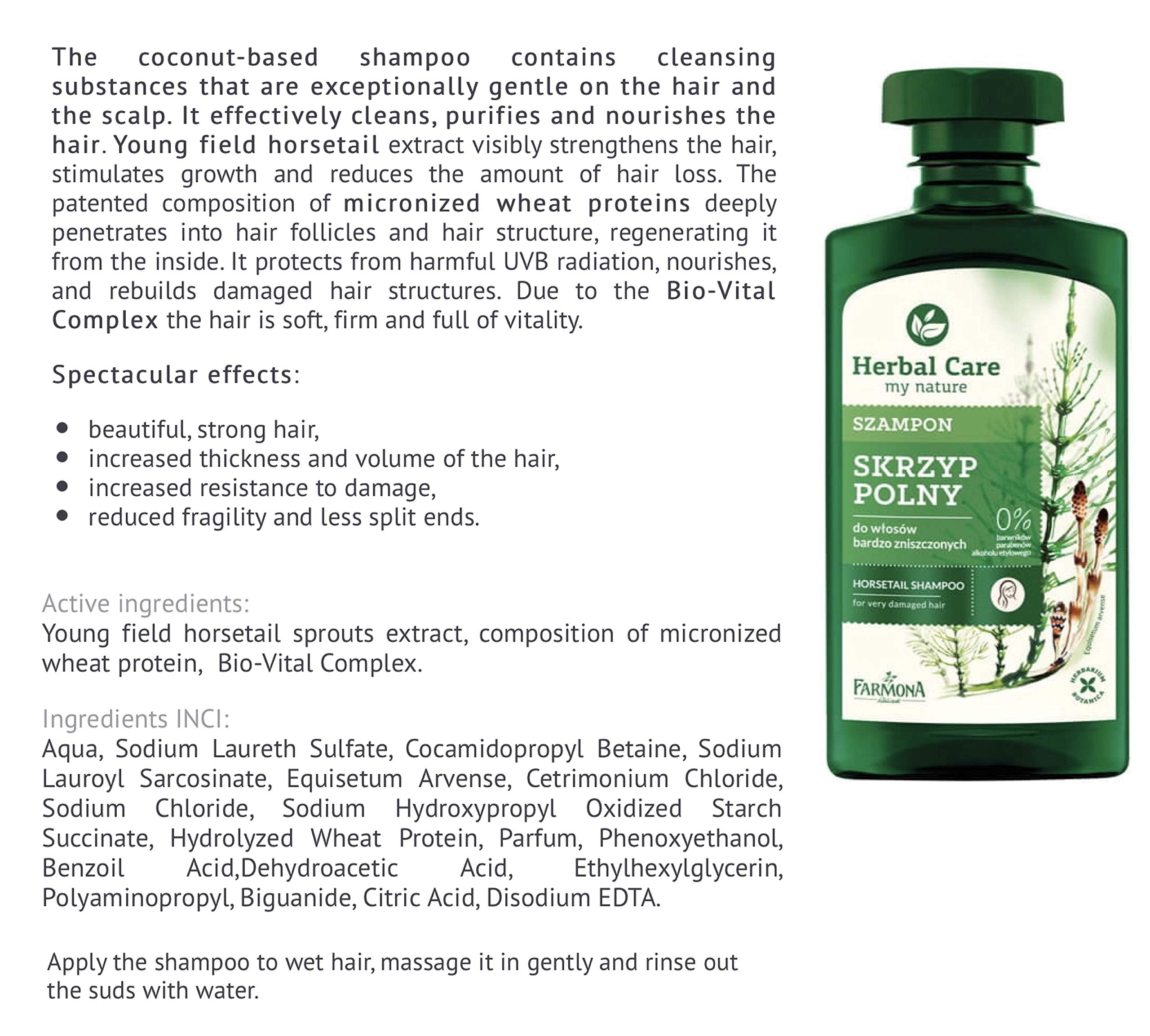 Farmona Herbal Care Horsetail Conditioner bottle view highlights detangling and smooth finish for frizzy strands.