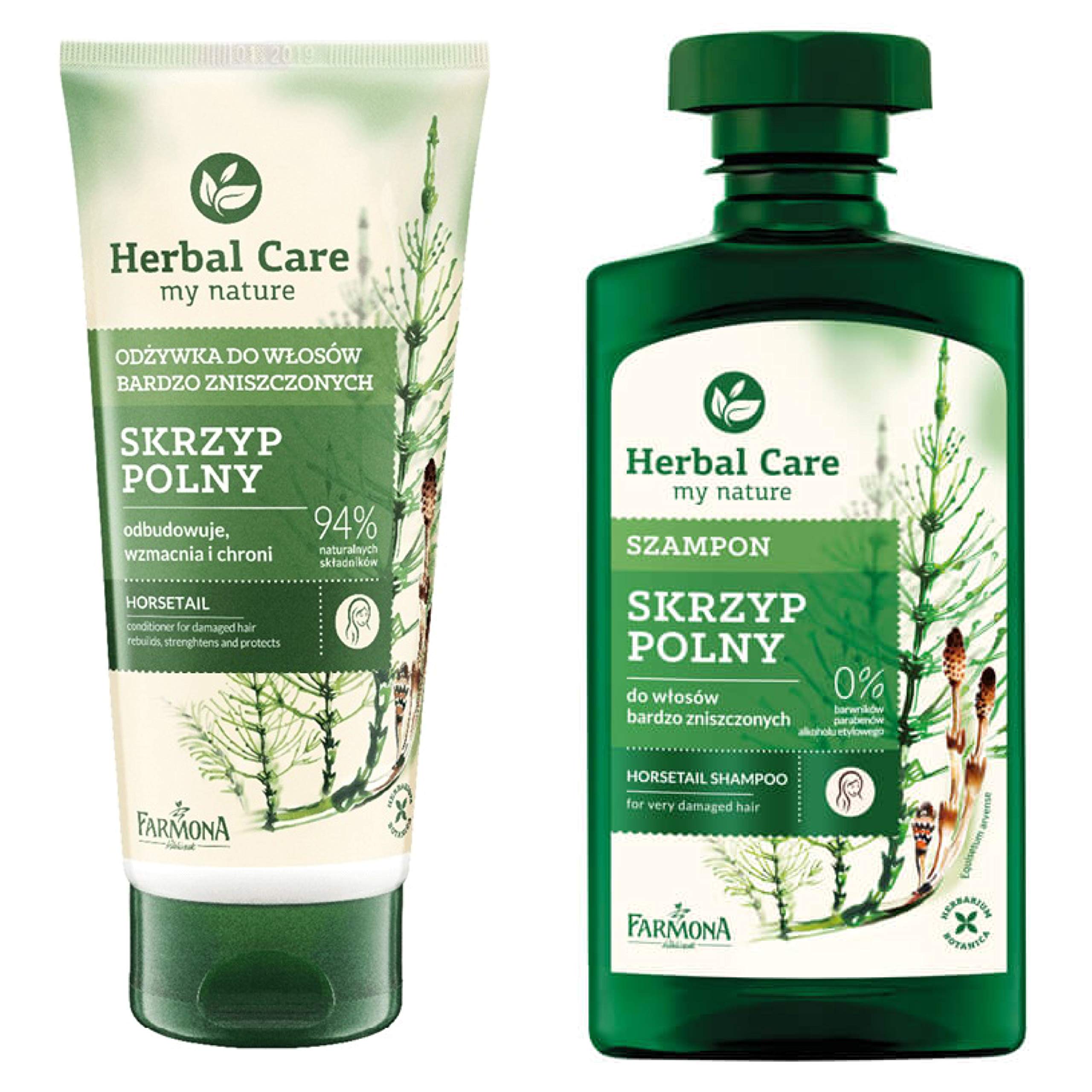 Farmona Herbal Care Horsetail Shampoo bottle pour demonstrates gentle cleansing for damaged hair.