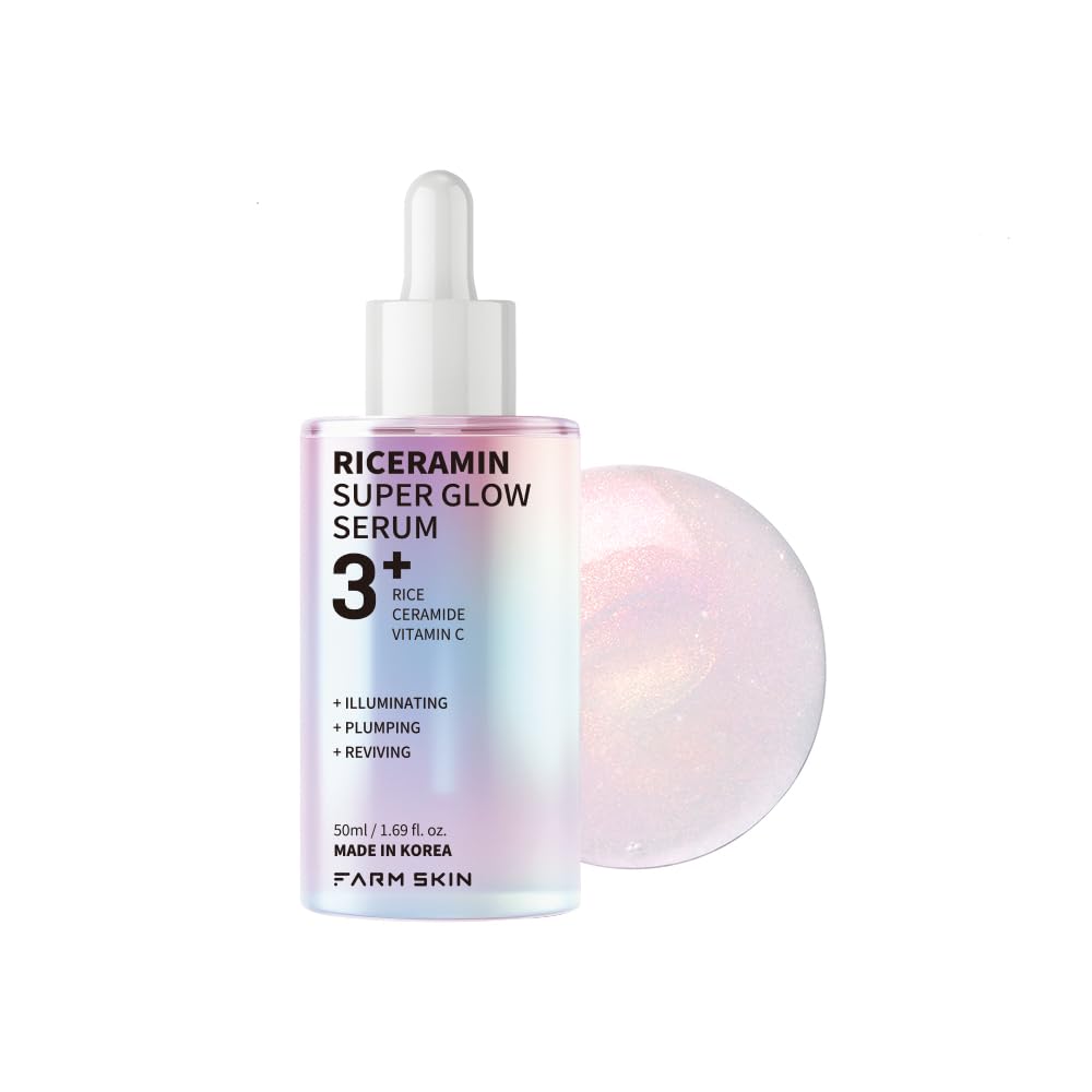 FARMSKIN Riceramin Super Glow Serum bottle offers primer-ready radiance for makeup days