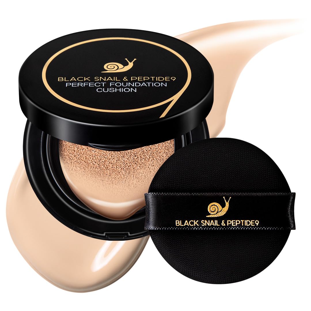 FarmStay Black Snail & Peptide 9 Perfect Cushion bottle highlights nourishing formula for radiant skin.