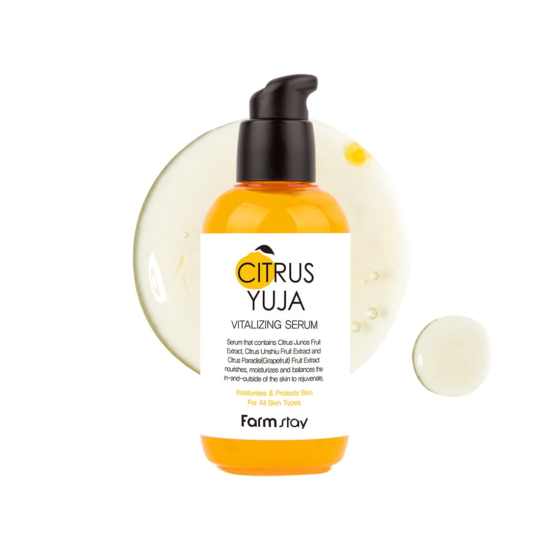 FARMSTAY Citrus Yuja Serum bottle pour highlights quick hydration and radiance.