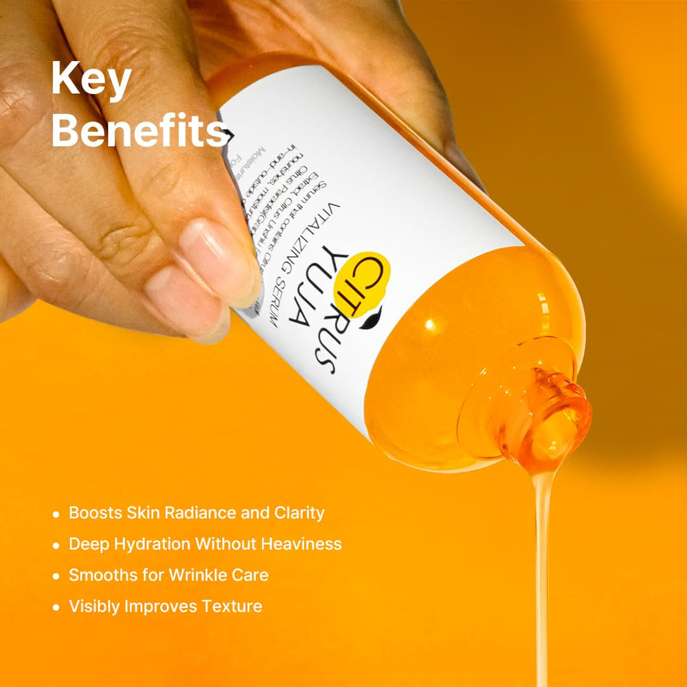 FARMSTAY Citrus Yuja Serum pump highlights clean application.