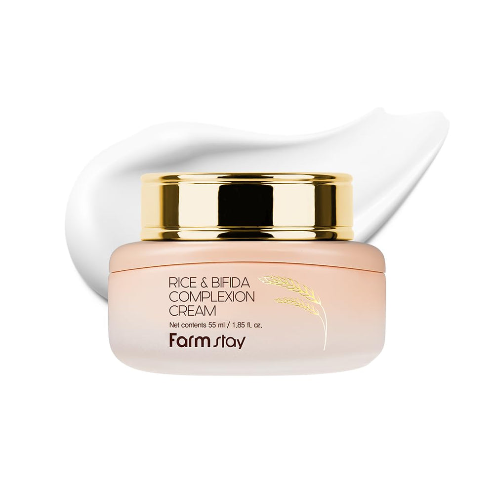 FARMSTAY Rice & Bifida Complexion Cream bottle showing hydration and glow