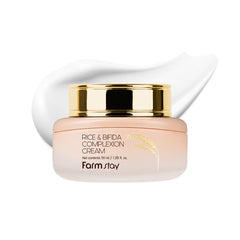 FARMSTAY Rice & Bifida Complexion Cream bottle showing hydration and glow