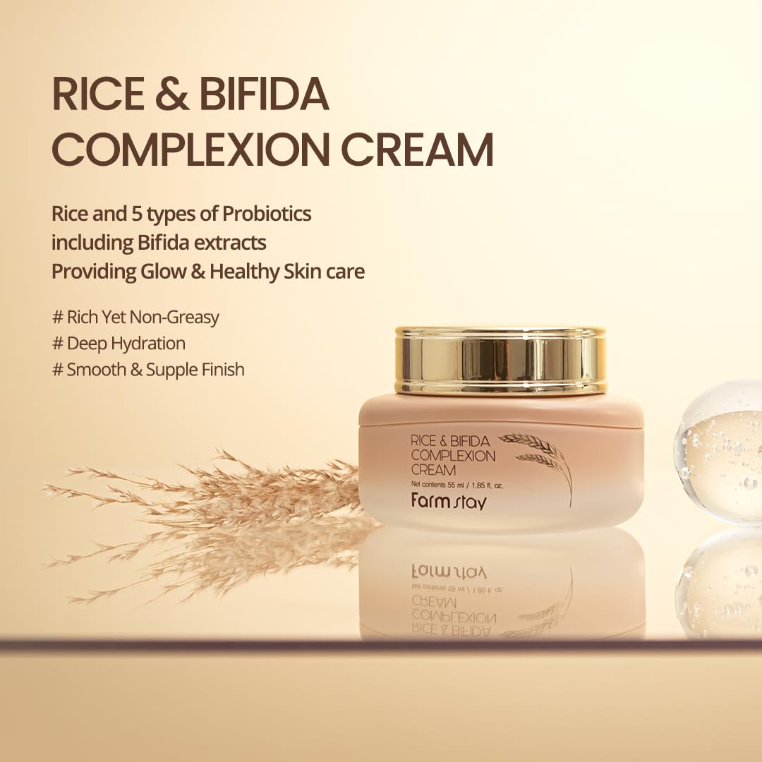 FARMSTAY Rice & Bifida Complexion Cream close-up texture with silky finish