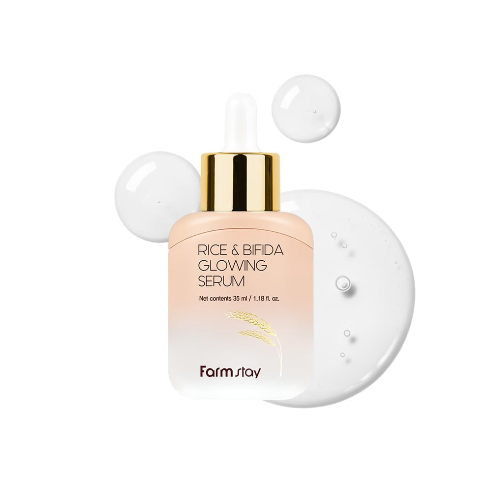 FarmStay Rice & Bifida Glowing Serum bottle showcasing radiant skin potential.