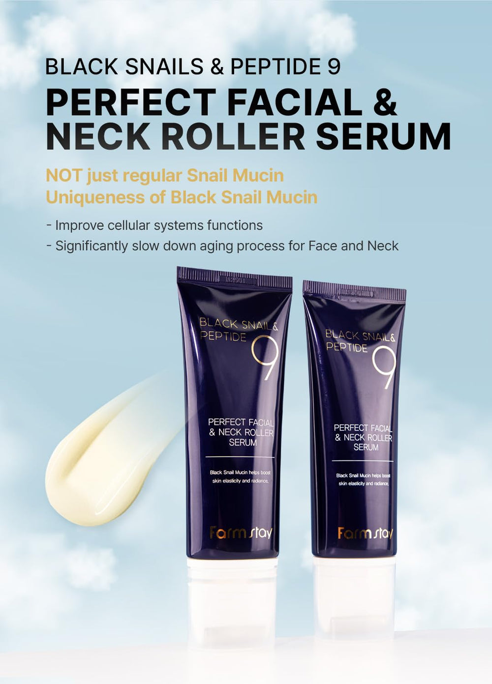 FarmStay roller applicator closeup demonstrates mess-free serum application.