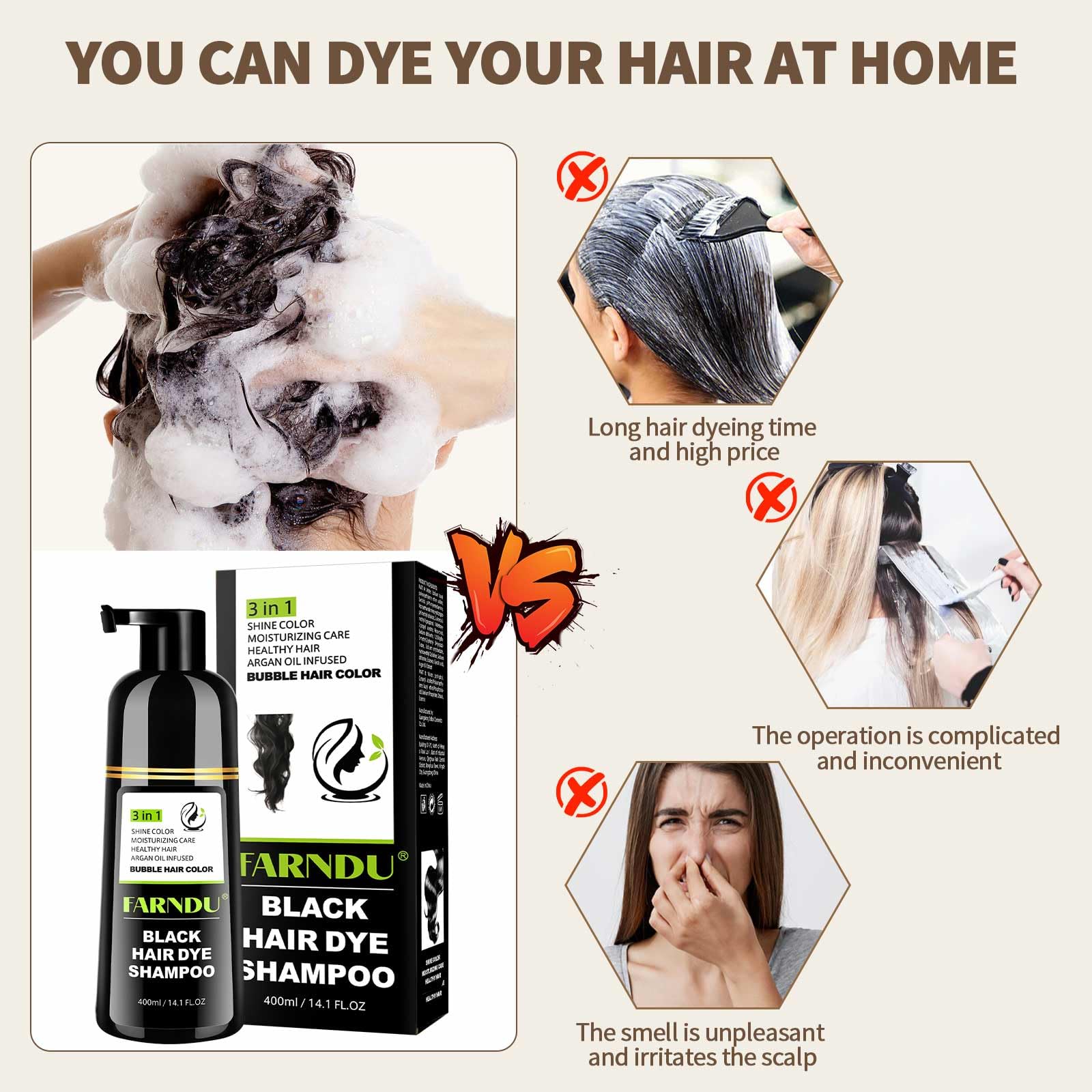Farndu ammonia-free hair dye bottle emphasizing gentle formula for sensitive scalps