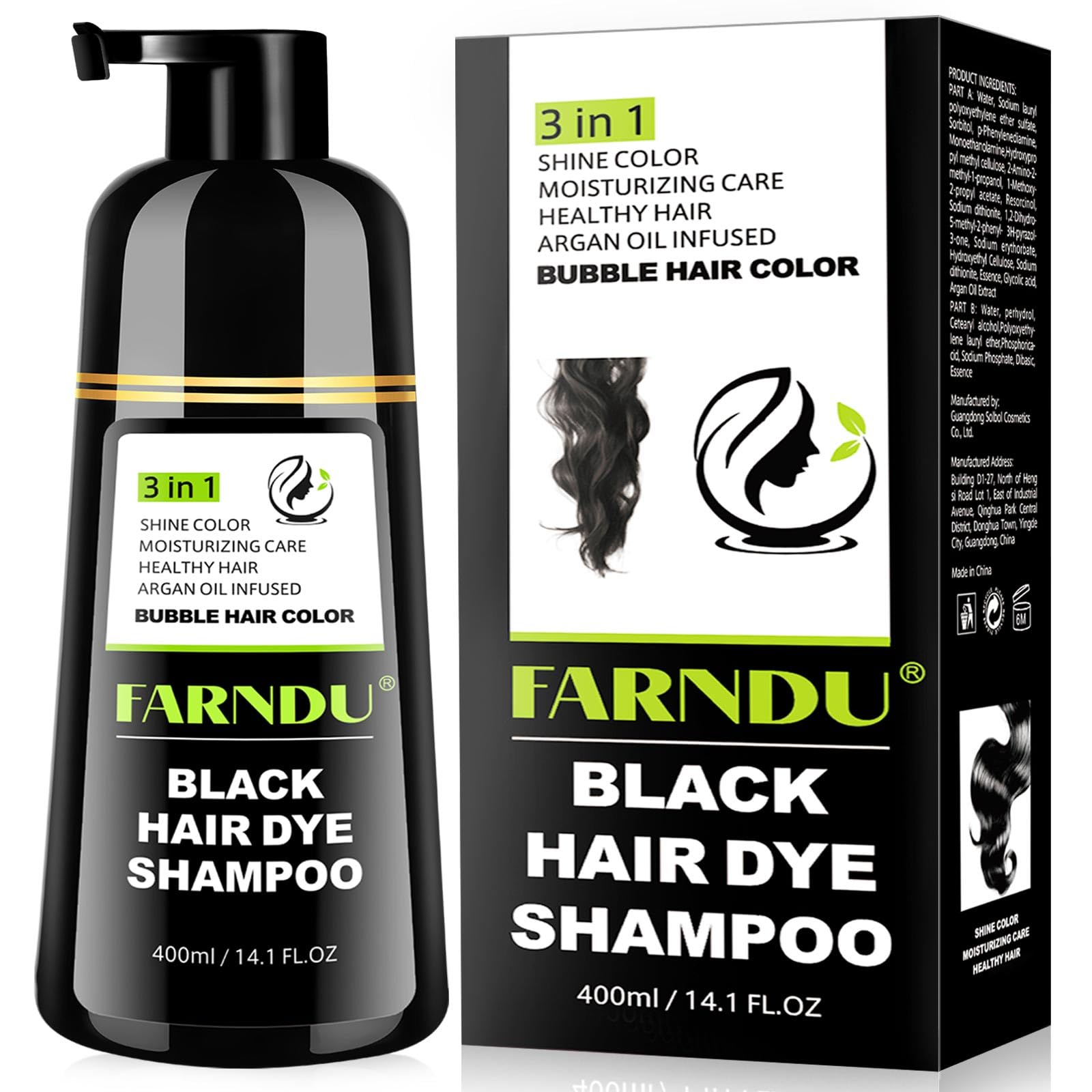 Farndu black hair dye shampoo bottle demonstrating gray coverage for natural color