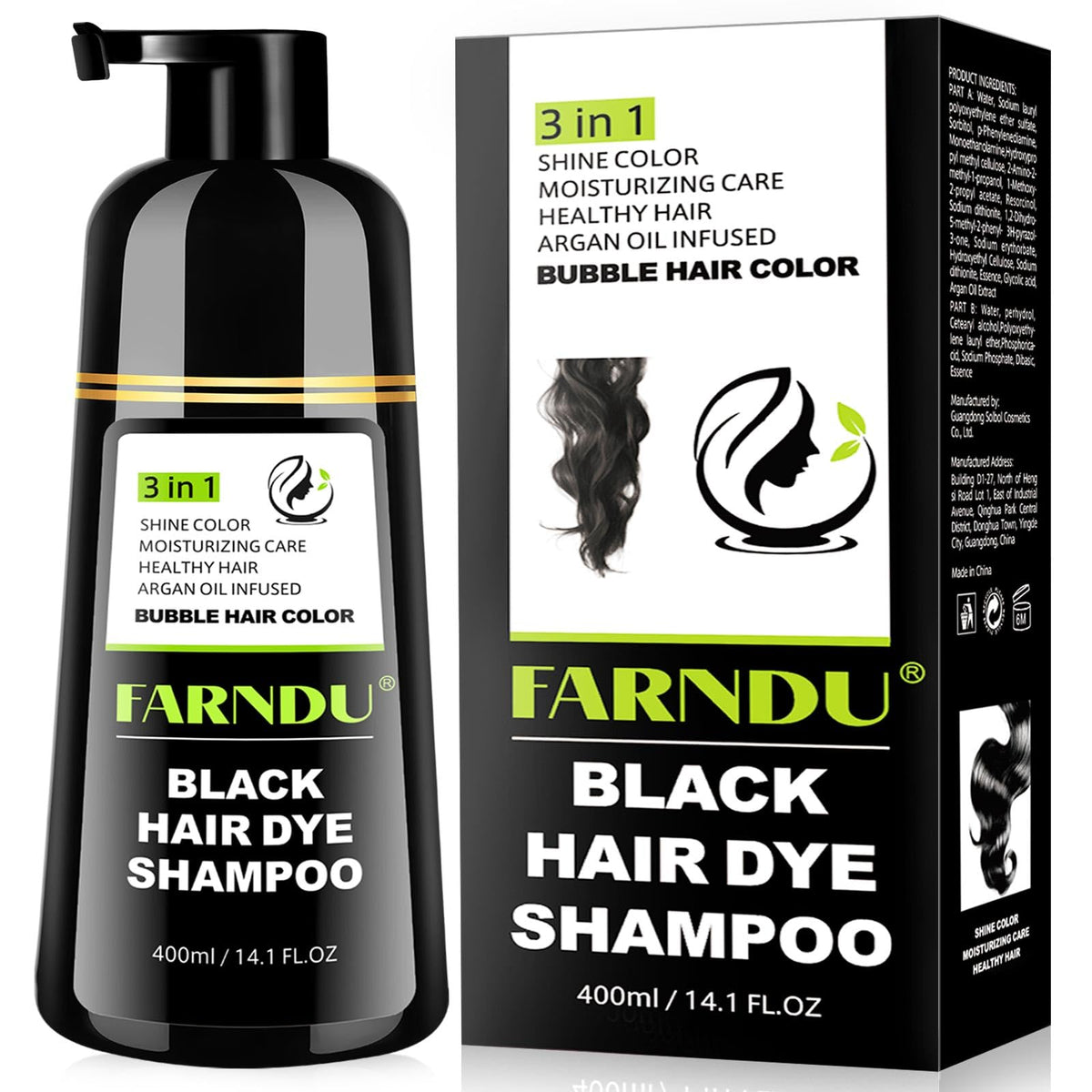 Farndu black hair dye shampoo bottle demonstrating gray coverage for natural color