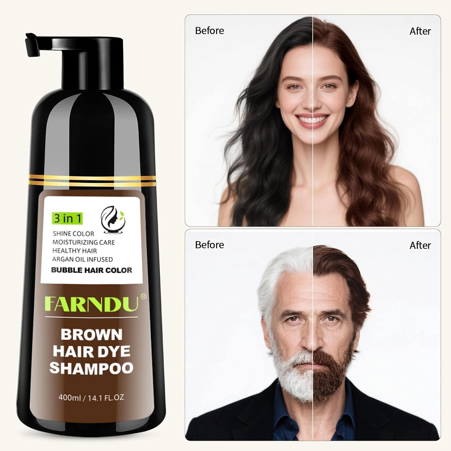 Farndu Brown Hair Dye Shampoo ingredients highlight plant-based formula.