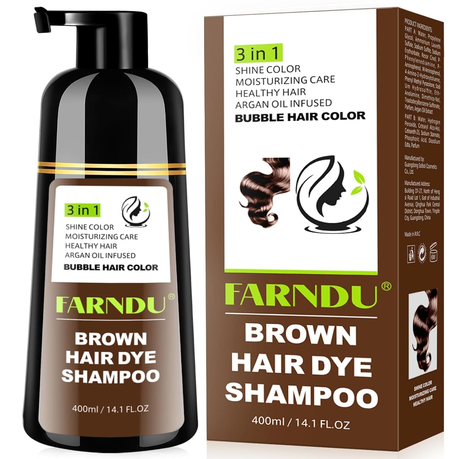 Farndu Brown Hair Dye Shampoo packaging showing at-home color, ease of use.