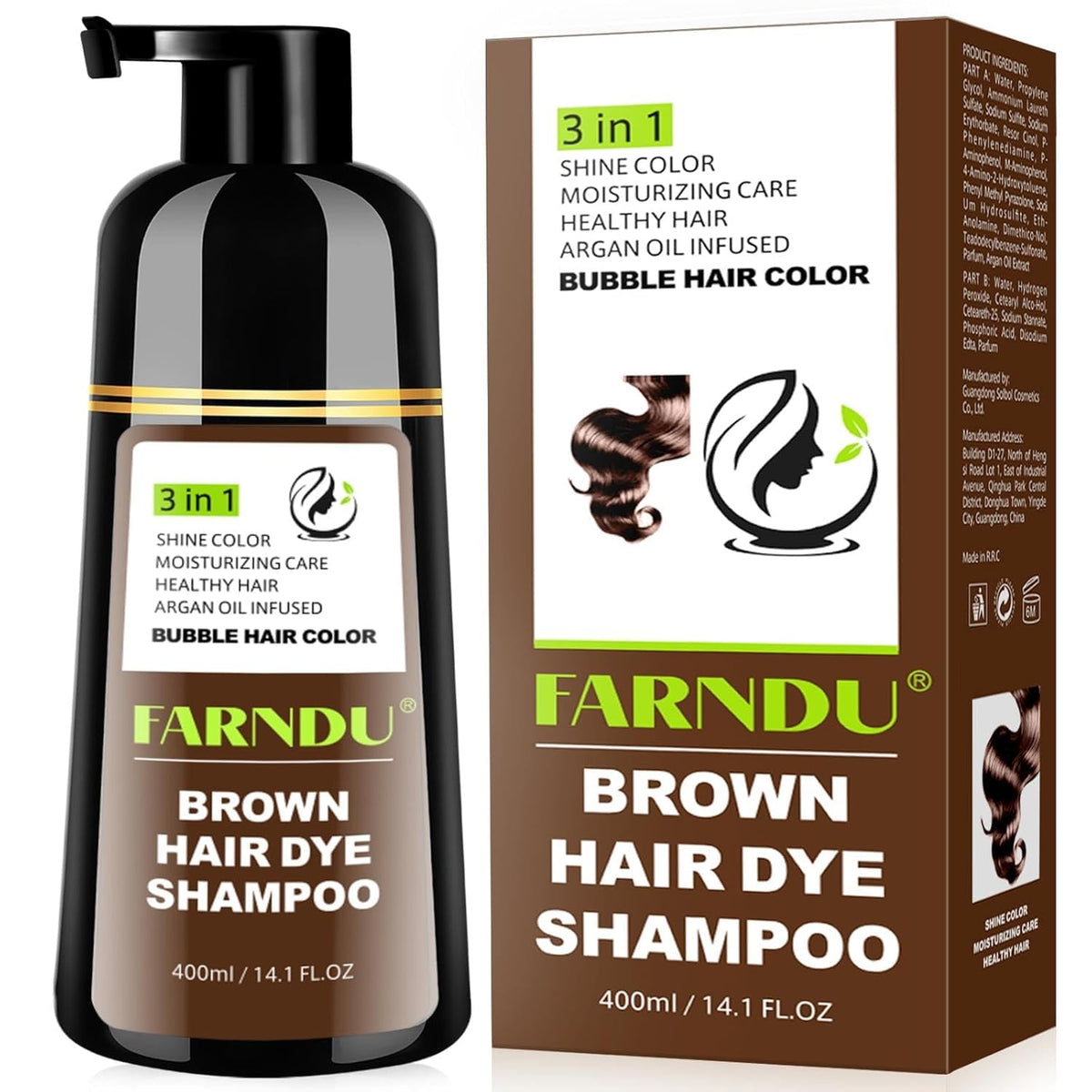 Farndu Brown Hair Dye Shampoo packaging showing at-home color, ease of use.