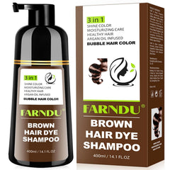 Farndu Brown Hair Dye Shampoo packaging showing at-home color, ease of use.
