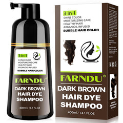Farndu dark brown hair dye shampoo bottle close-up for easy at-home color