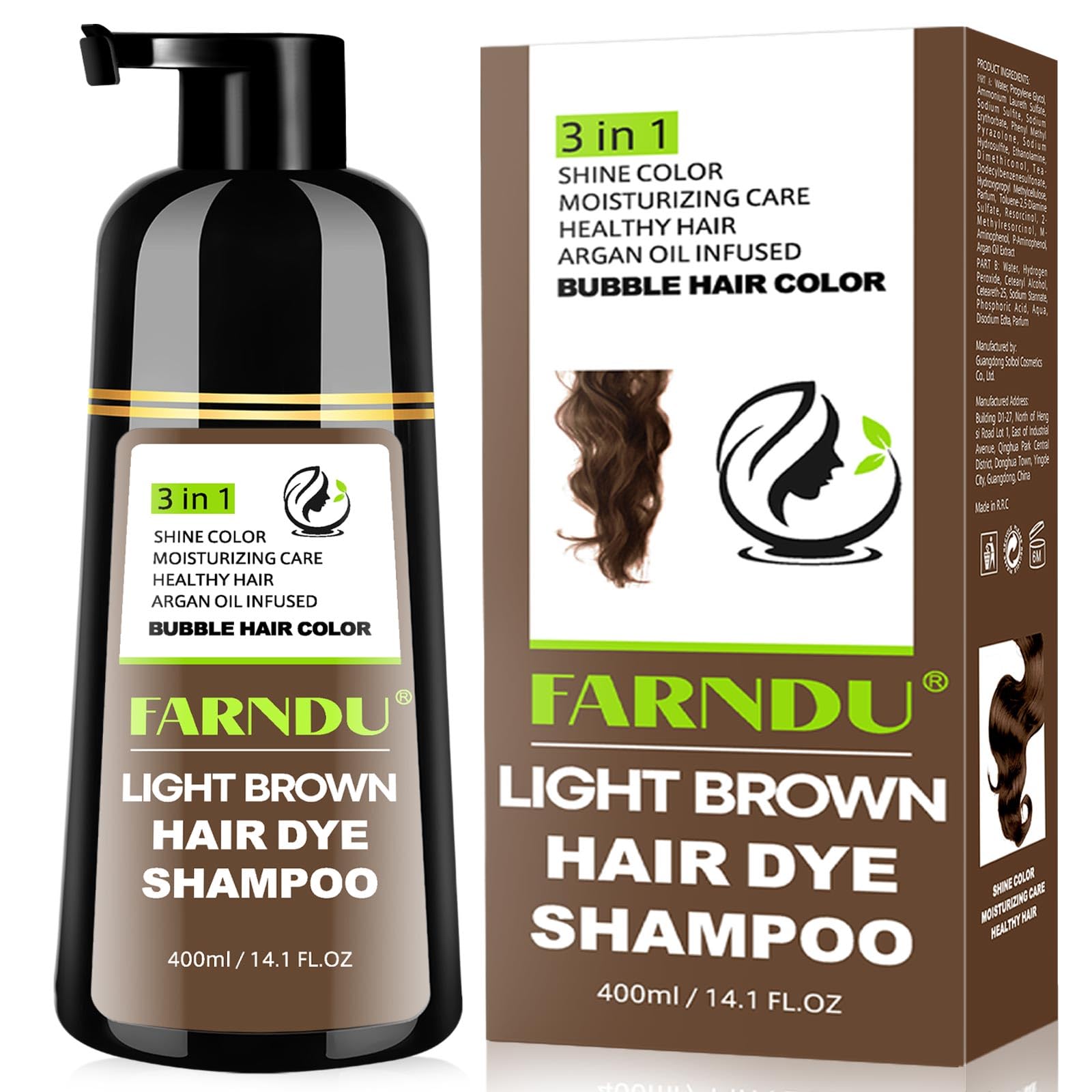 Farndu Light Brown Hair Dye Shampoo bottle ready for at home color