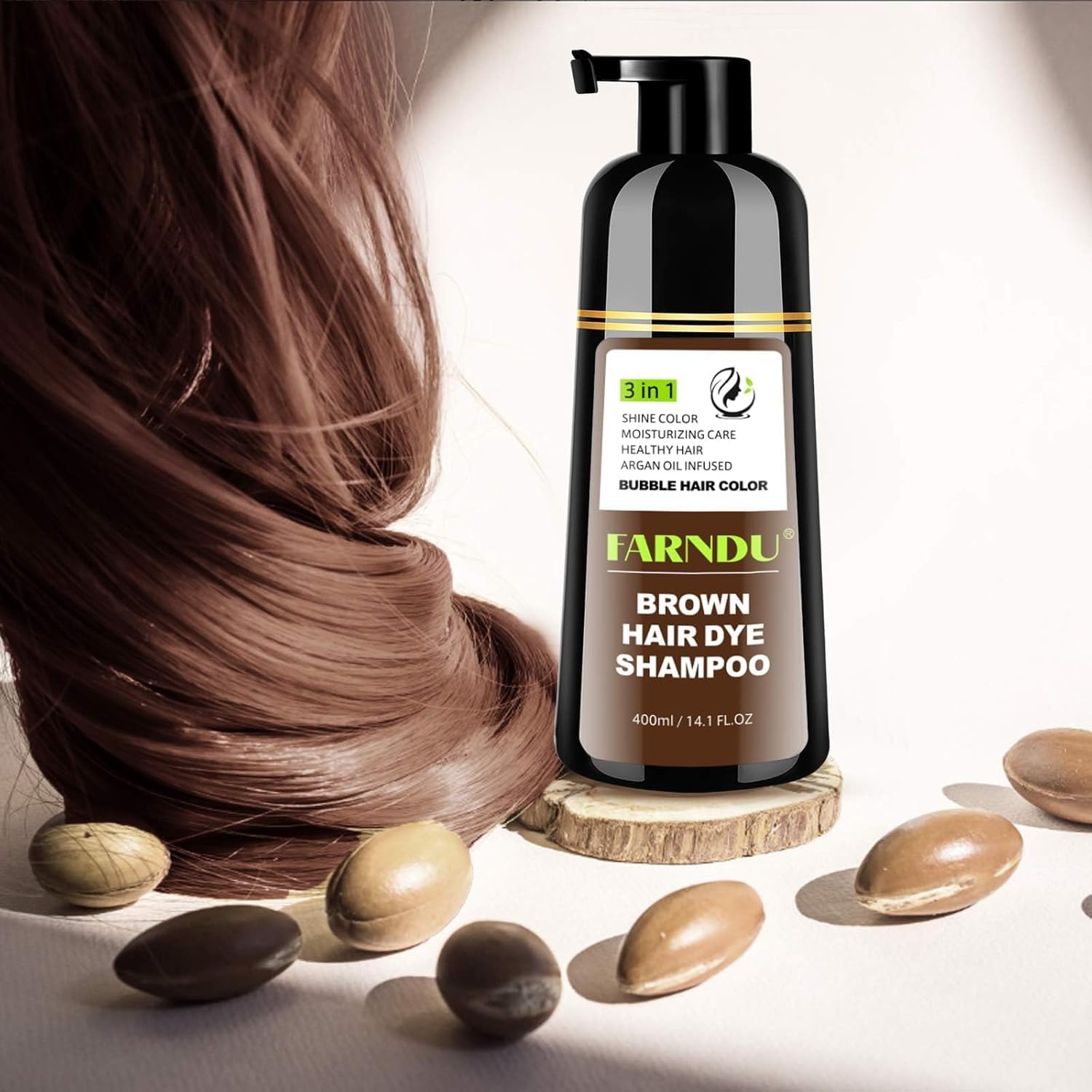 Farndu Brown Hair Dye Shampoo shown as safe for sensitive scalps.