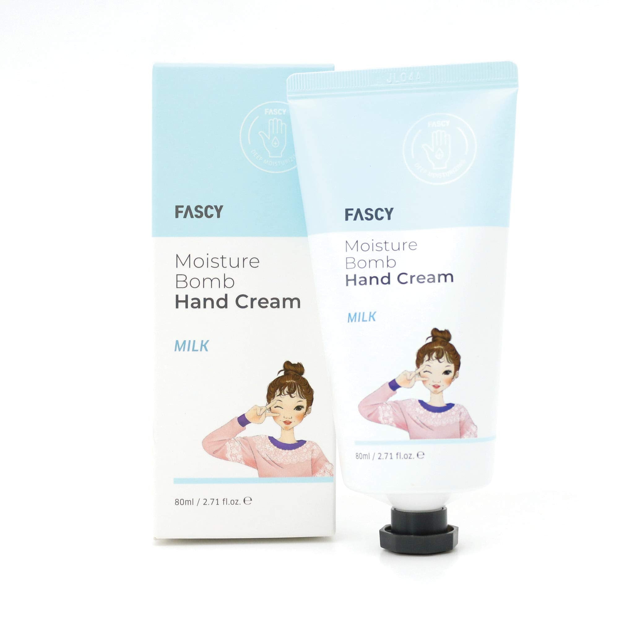 Fascy Tina's Moisture Bomb Hand Cream milk bottle close-up for hydrated, radiant hands