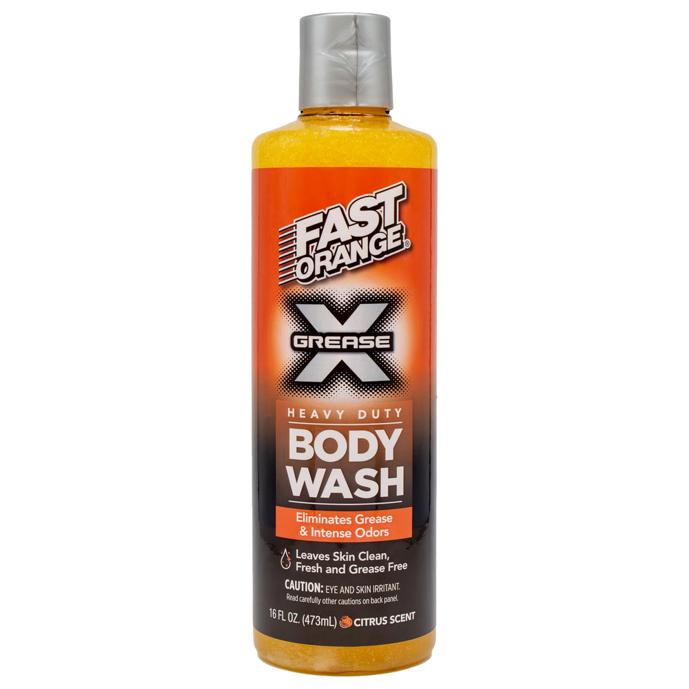Fast Orange Grease X Body Wash bottle pour showing strong degreasing action for tough grime