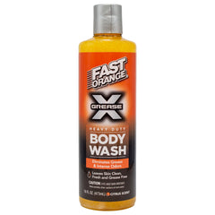 Fast Orange Grease X Body Wash bottle pour showing strong degreasing action for tough grime