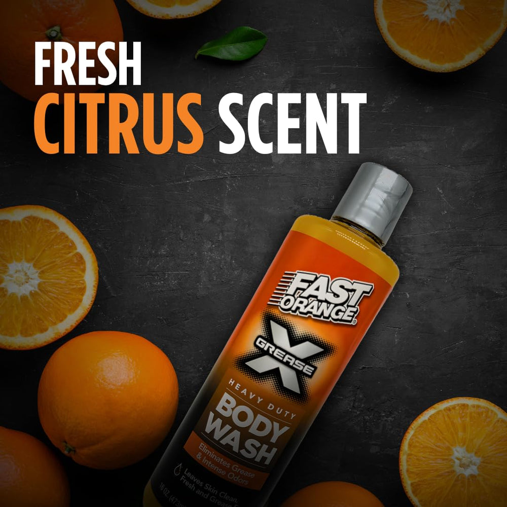 Fast Orange Grease X Body Wash citrus scent bottle highlighting refreshing fragrance