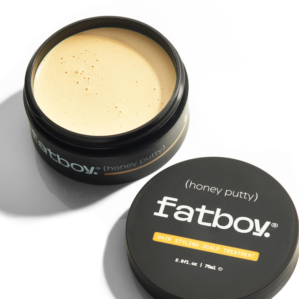 Fatboy Honey Putty leave-in finish supports day-long styling and scalp care.