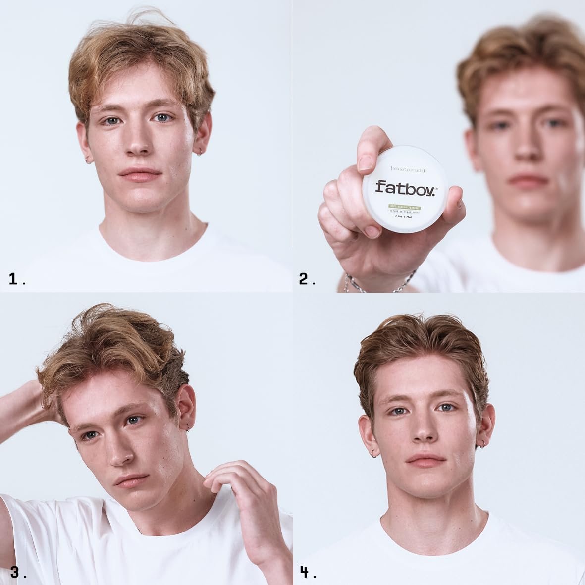 Fatboy Sea Salt Pomade applied to hair to create texture and light hold.