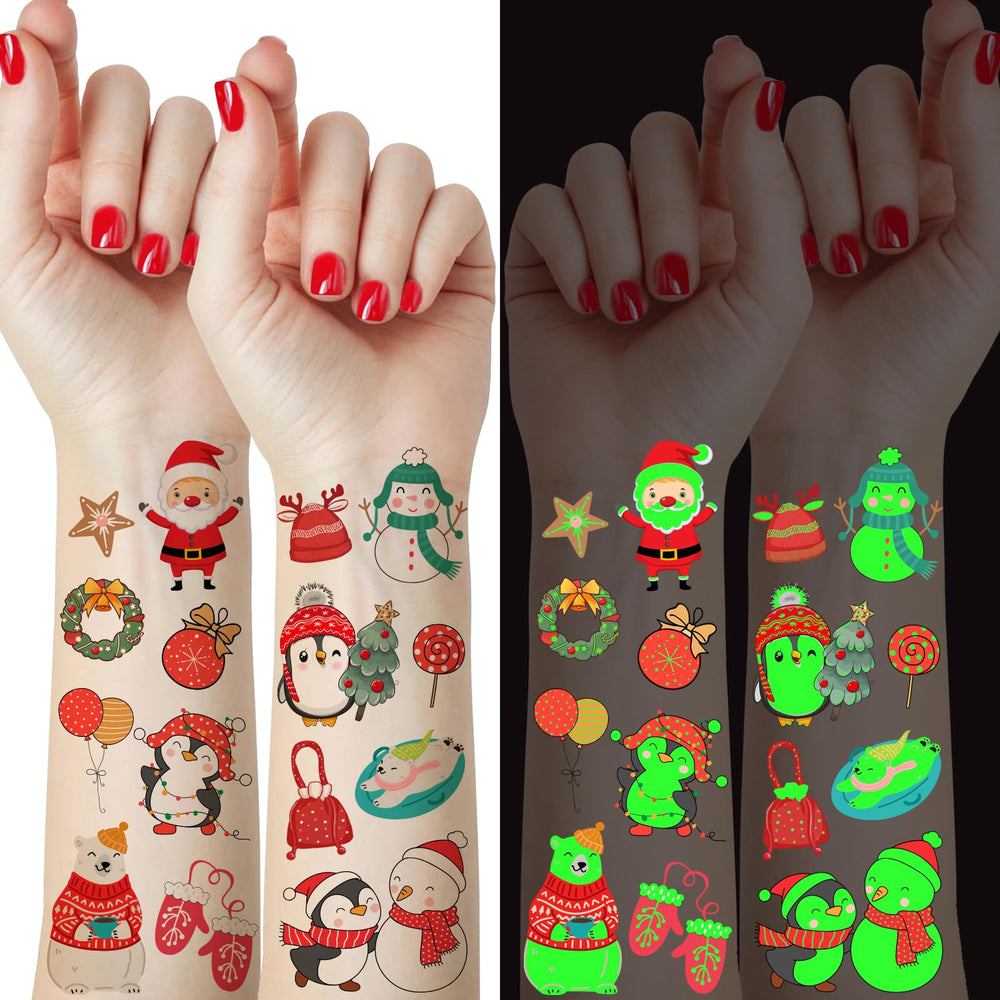 FATHER.SON Christmas tattoos featuring Santa Claus glow-in-the-dark fun for kids.