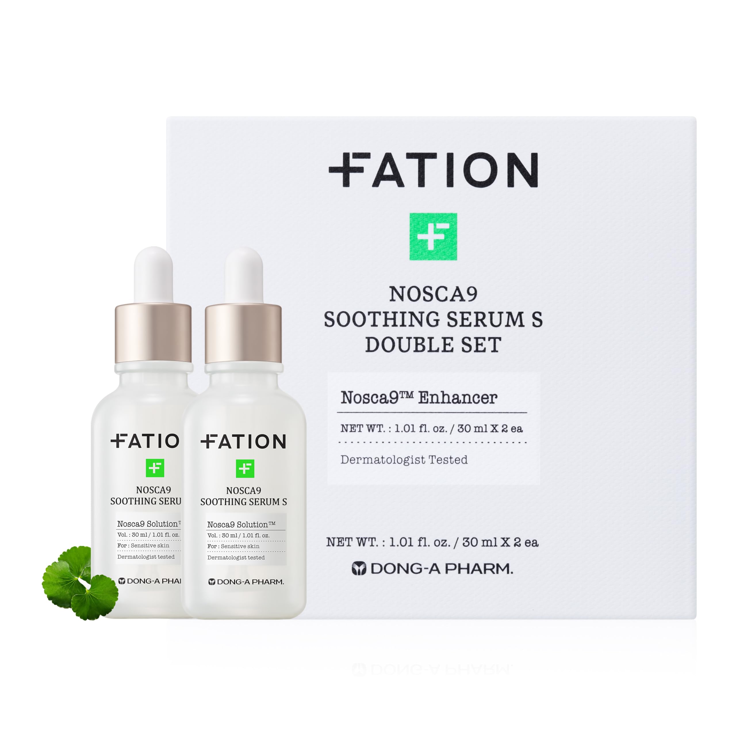 Fation NOSCA9 serum bottle front highlights calming, hydrating formula for sensitive skin