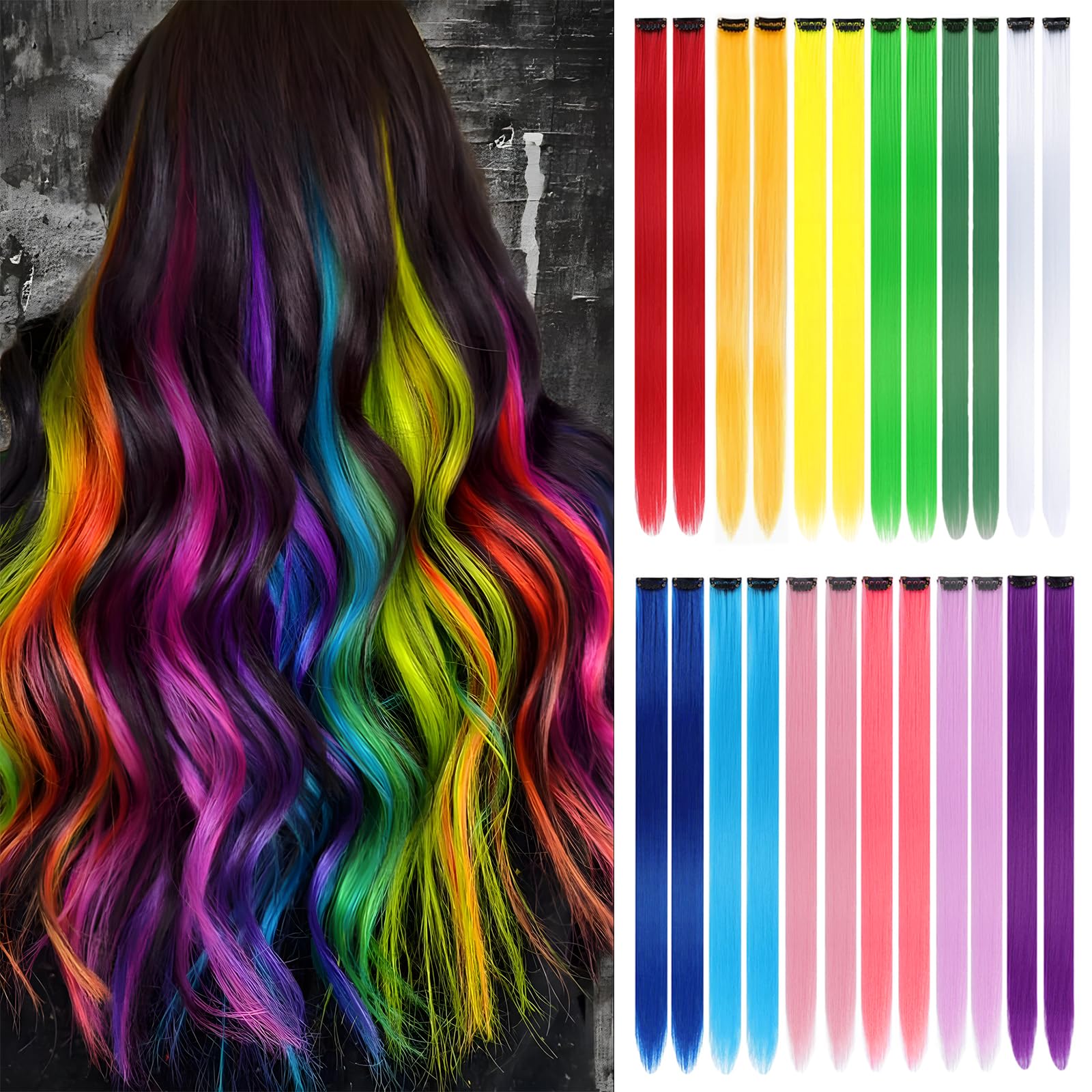 FAYDERS rainbow clip-in extensions add vibrant color for party-ready looks.