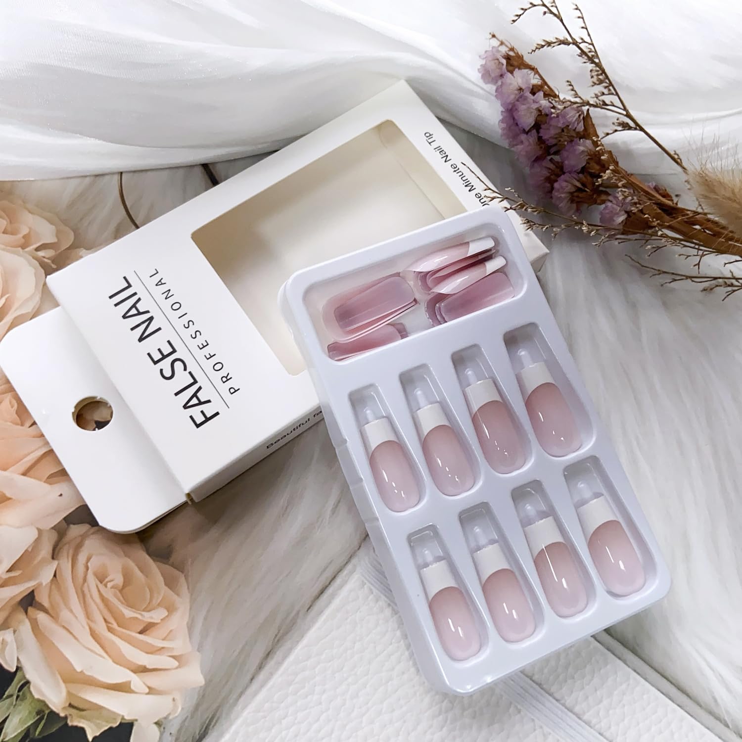 FBABFBUO Glossy French tip nails suitable for weddings, parties, and daily style.
