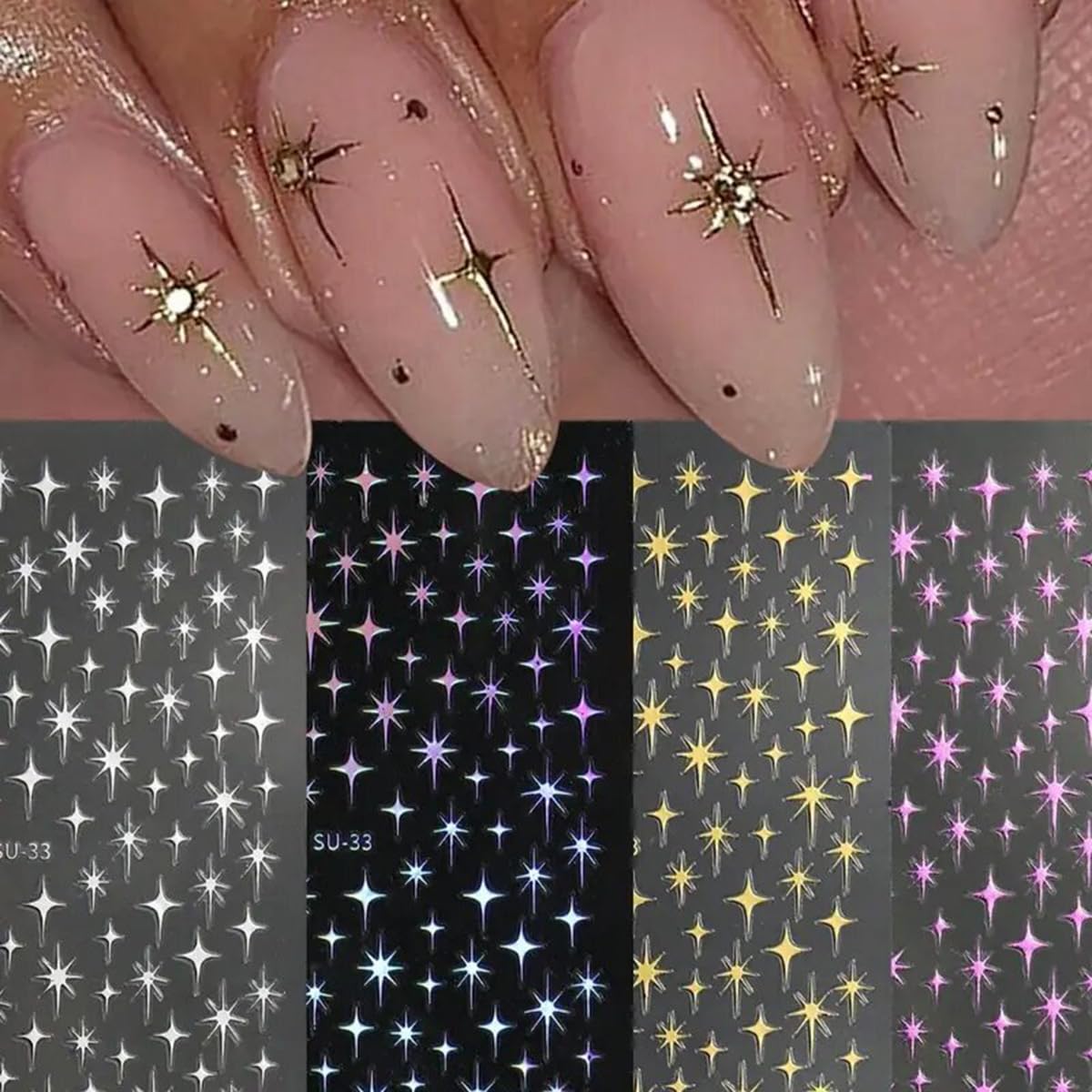 FBABFBUO star nail stickers with gold and silver finish for elegant DIY manicures