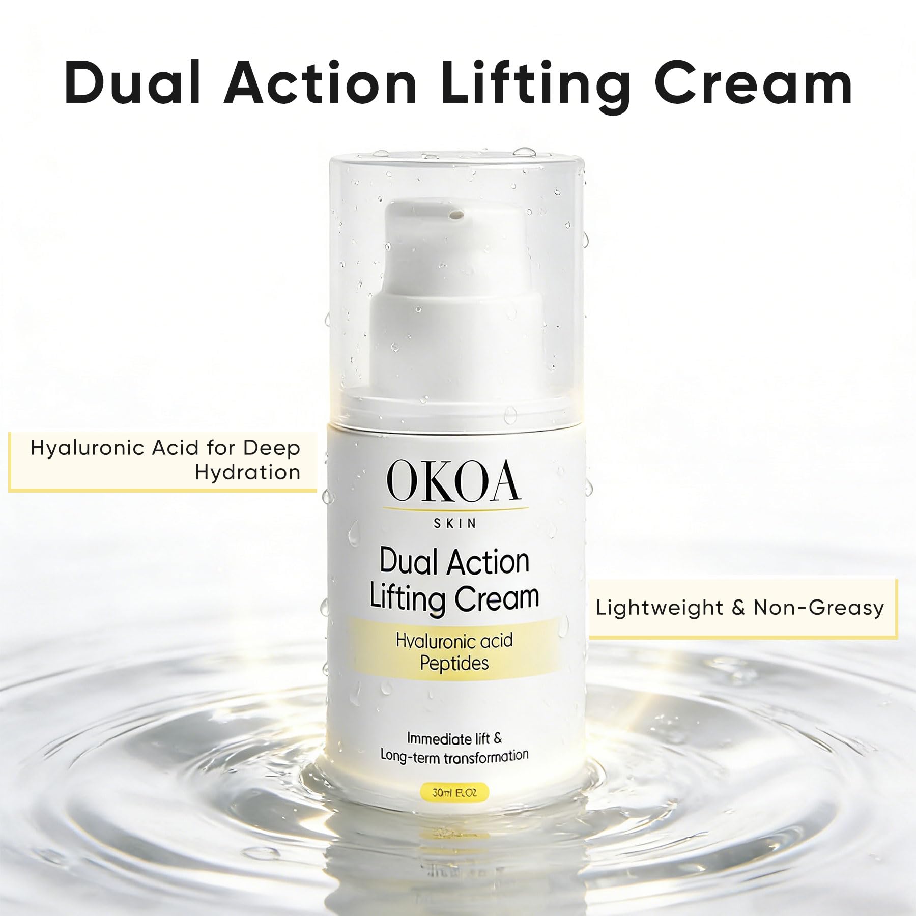 FCNVCX OKOA SKIN dual-action formula displayed with visible peptides in cream.