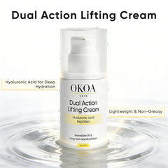 FCNVCX OKOA SKIN dual-action formula displayed with visible peptides in cream.